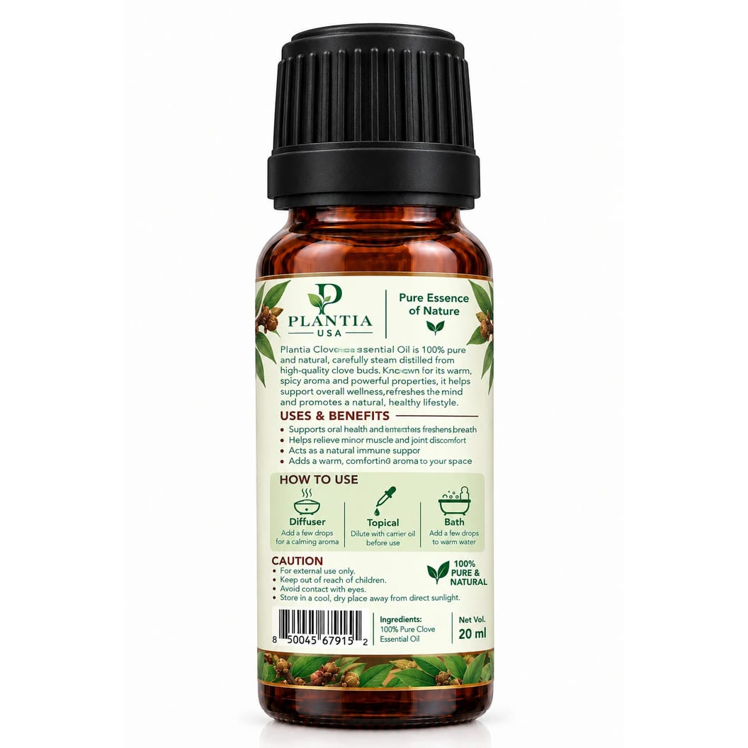 Plantia USA Clove Essential Oil 20ml – 100% Pure & Natural Clove Oil, Warm Spicy Aroma for Diffuser, Aromatherapy & External Use
