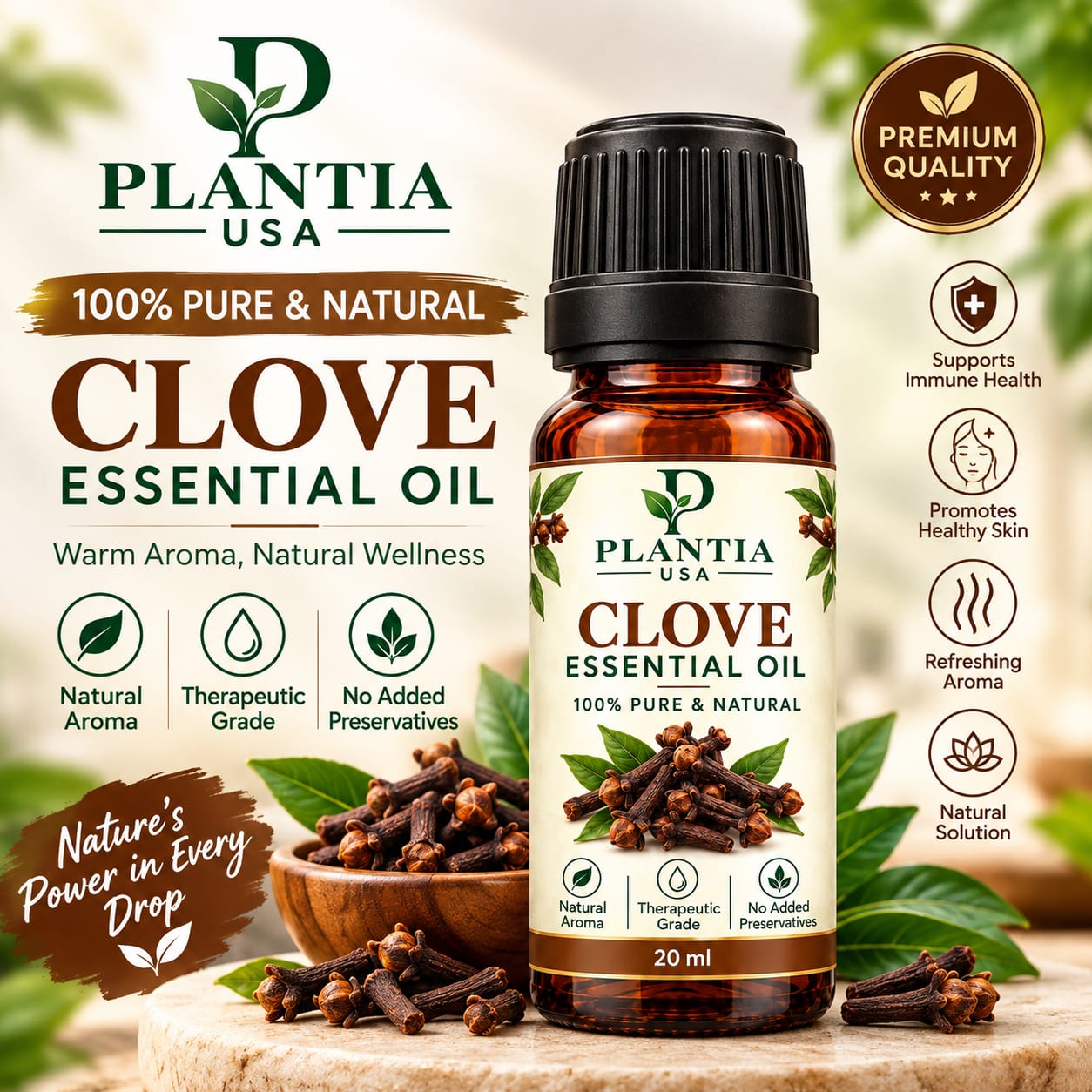 Plantia USA Clove Essential Oil 20ml – 100% Pure & Natural Clove Oil, Warm Spicy Aroma for Diffuser, Aromatherapy & External Use
