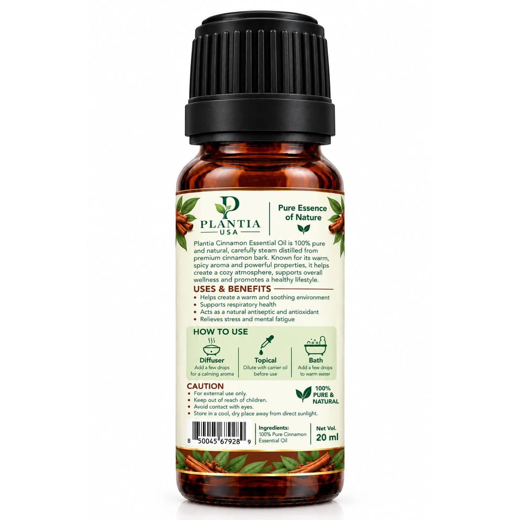 Plantia USA Darchini (Cinnamon) Essential Oil 20ml – 100% Pure & Natural Cinnamon Oil for Aromatherapy, Diffuser & External Use