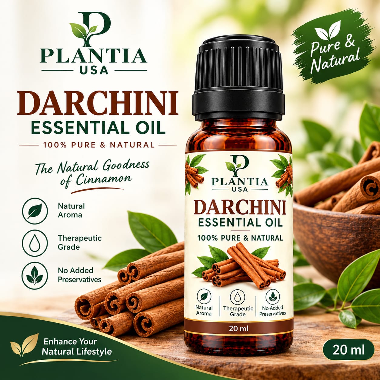 Plantia USA Darchini (Cinnamon) Essential Oil 20ml – 100% Pure & Natural Cinnamon Oil for Aromatherapy, Diffuser & External Use