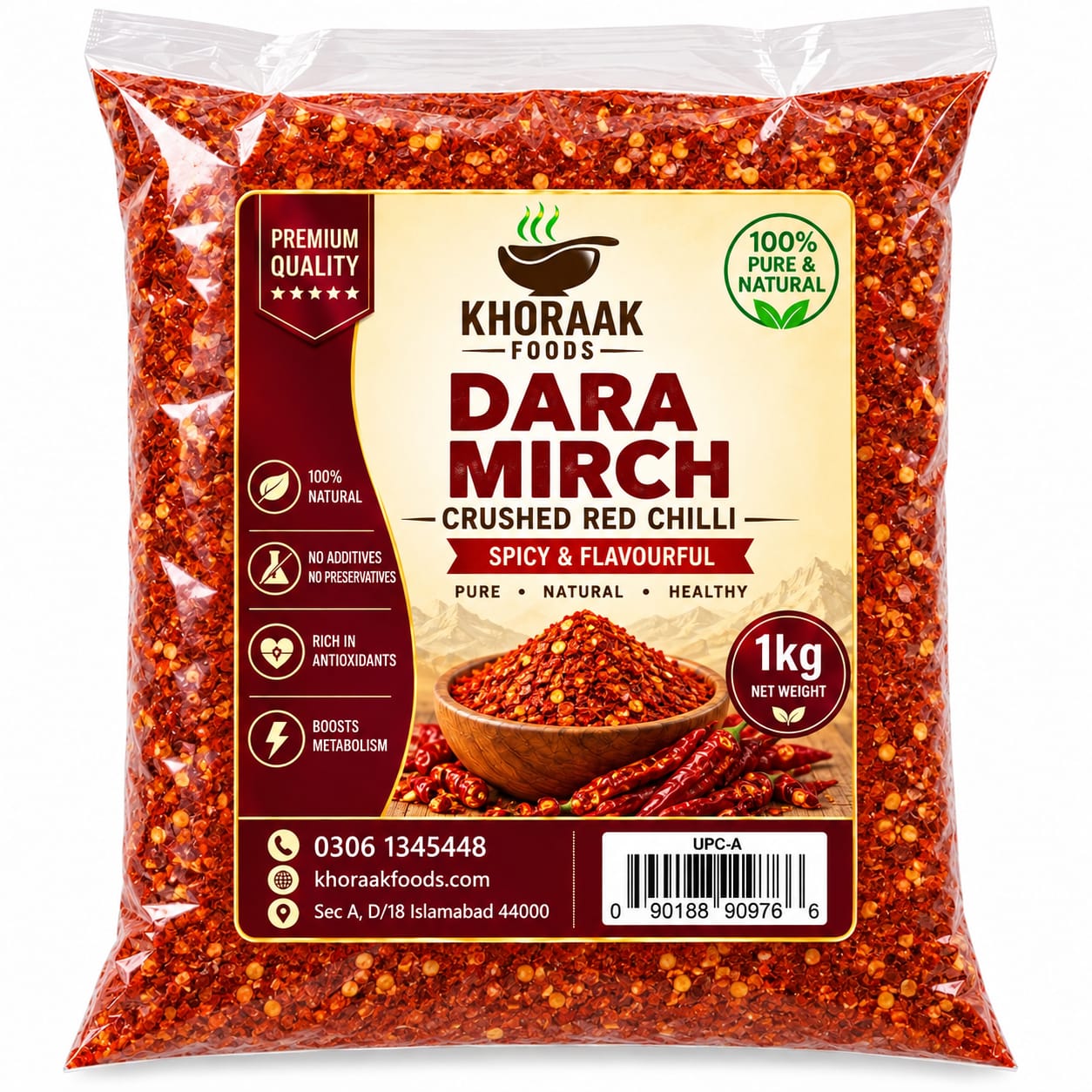 Khoraak Foods Dara Mirch 1KG premium crushed red chilli from Kunri Sindh Pakistan