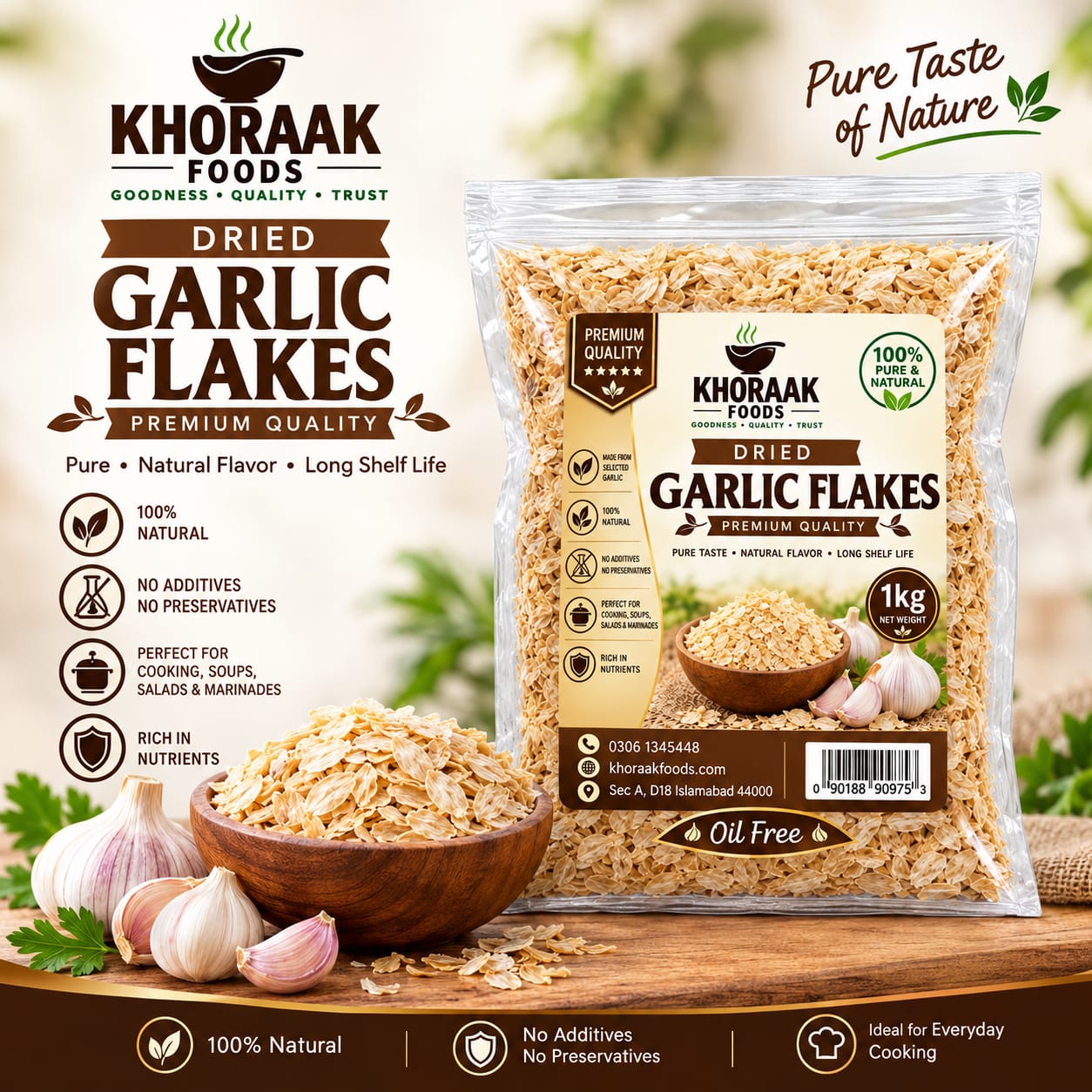 Dried Garlic Flakes 1kg | Premium Quality Dehydrated Garlic | Khoraak Foods
